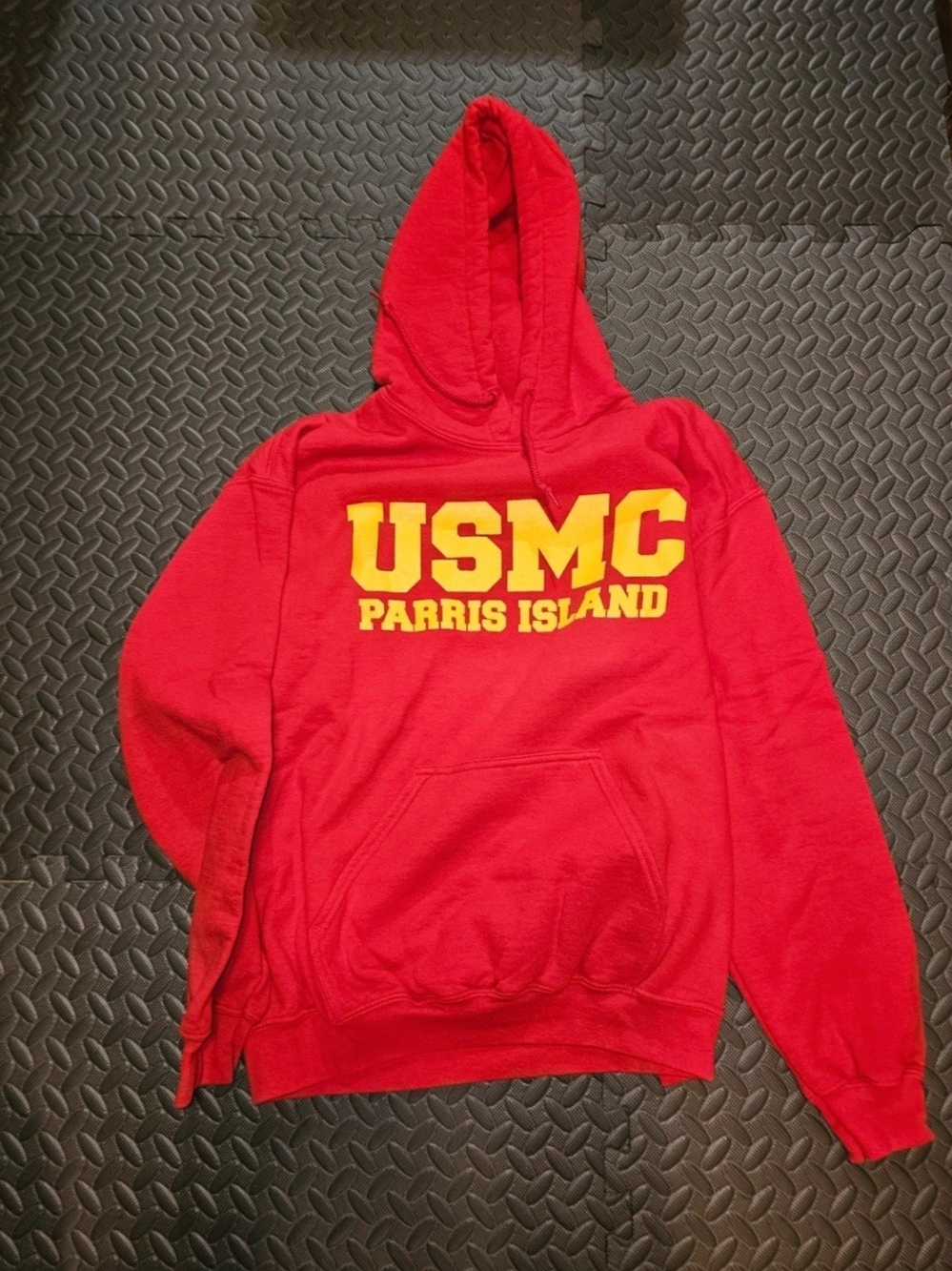 Source Unknown Red Hoodie with Yellow USMC Parris Island Logo